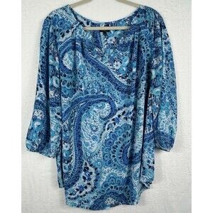 Talbots Woman‎ Blue Paisley Blouse 2X Lightweight V-neck 3/4 Sleeves Vibrant